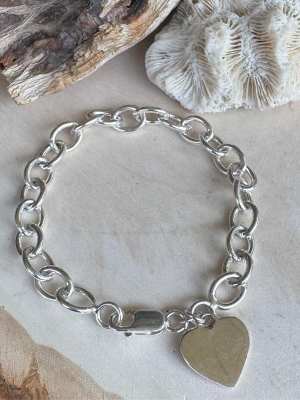 925 Sterling Silver Heart Tag Link Bracelet 7”
